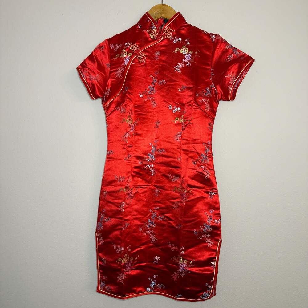 Vintage Red Satin Floral Embroidered Chinese Cheongsam Qipao Dress